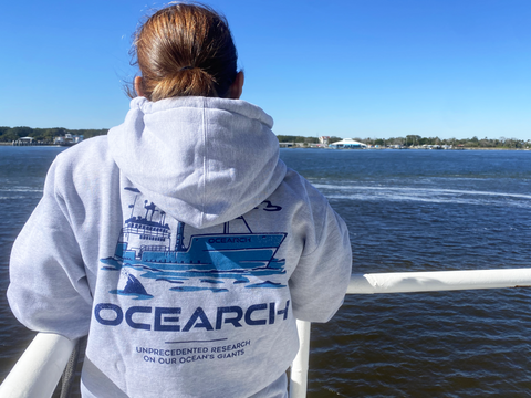 Woman wearing mothership hoodie overlooking water