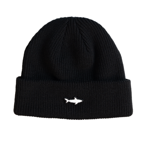 Black Cuffed Beanie with white shark on cuff