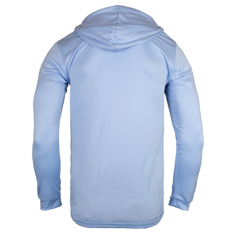 Rear view of light blue hoodie