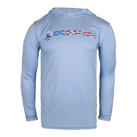 Light blue hoodie with red white and blue 'OCEARCH' logo on a white background