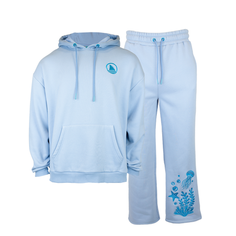 Light blue hoodie with OCEARCH logo on left chest and Light blue sweatpants with Marine graphic on lower left leg showing plants Jelly fish, Star fish, and bubbles