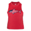Red tank top with a shark design featuring the American flag on a white background