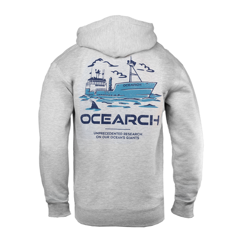 Rear view of grey hoodie with graphic of Ocearch ship and "OCEARCH" text