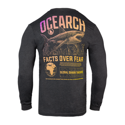 Rear view of Charcoal long-sleeve shirt with 'OCEARCH FACTS OVER FEAR' and shark graphic