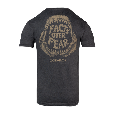 Charcoal t-shirt with 'Facts Over Fear' shark jaw graphic and Ocearch logo
