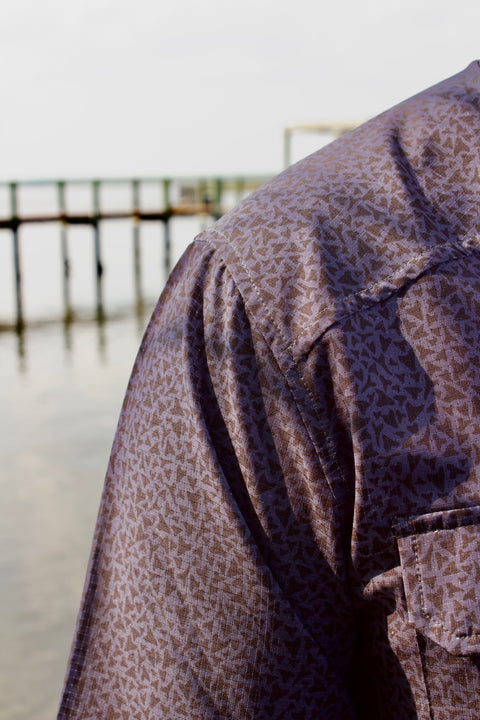 closeup of shoulder of paradise dark blue pattern buttondown
