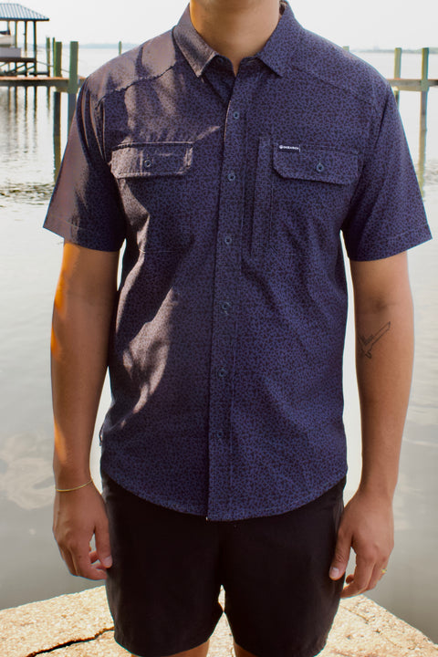 Man in paradise dark blue pattern buttondown