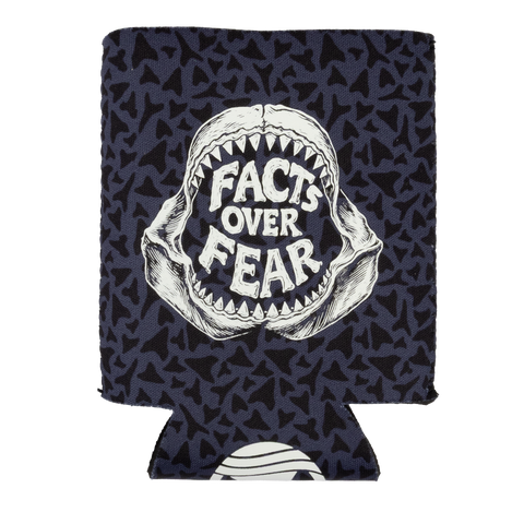 shark tooth pattern drink can cooler with shark jaw graphic on side with text "FACTS OVER FEAR"