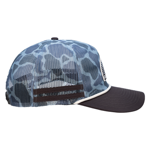 side view of Camo 5-Panel All Mesh Flatbill Flannel Snapback showing 2 stripes on side