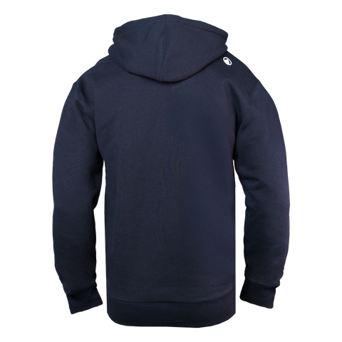 Rear view of Navy hoodie with white Ocearch fin logo on right shoulder