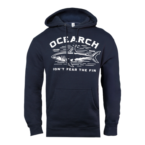 Navy blue hoodie with white shark graphic design with text "OCEARCH DON'T FEAR THE FIN"