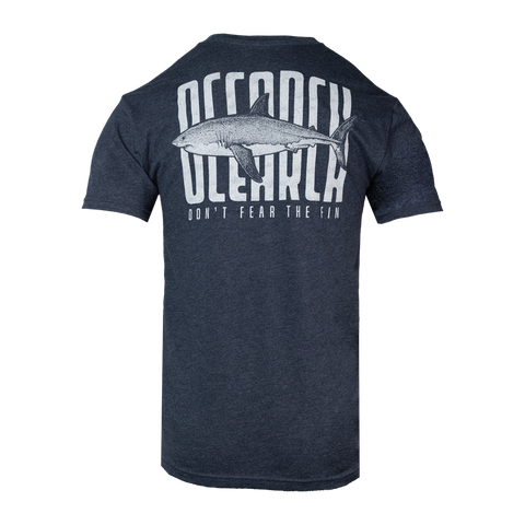 Rear view of navy blue t-shirt with shark graphic and "OCEARCH DON'T FEAR THE FIN" text