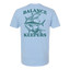 Light blue tee with graphic of 3 types of shark on the back with text "BALANCE KEEPERS"