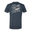 Navy tee with shark graphic on back with text "Shark Tracker"