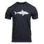 Heather midnight navy tee with shark silhouette graphic on front