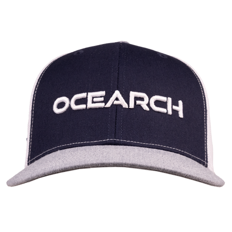 Meshback Snapback with navy front and white back and gray bill with white "OCEARCH" text on front