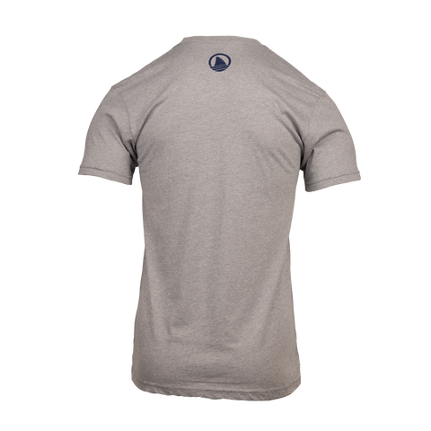 rear view of Dark Heather Grey tee with small icon Ocearch logo on upper back 