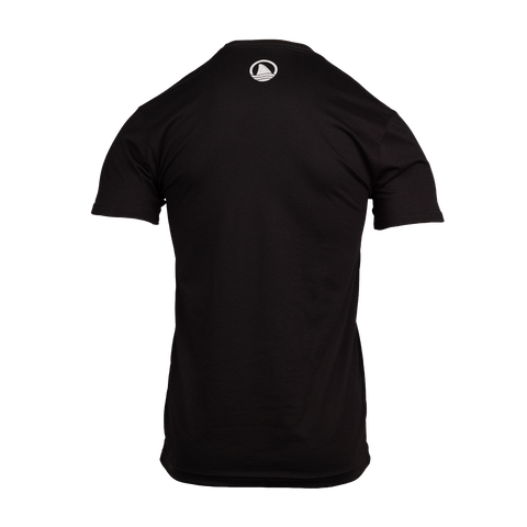 rear view of Black tee with small icon Ocearch logo on upper back