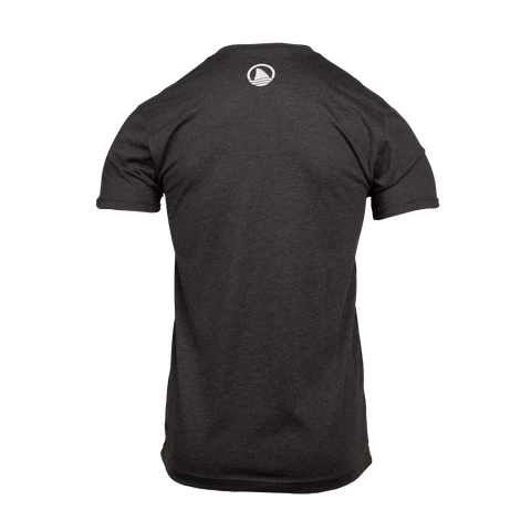 rear view of heather midnight navy tee with small icon Ocearch logo on upper back  