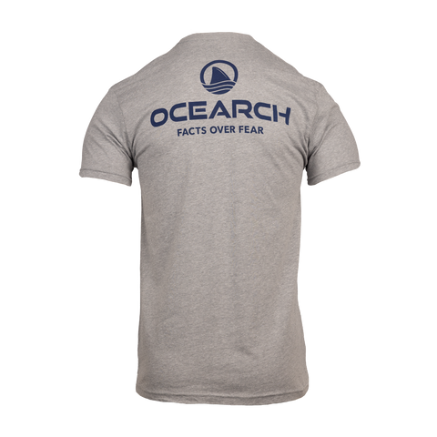 Rear view of dark heather grey  tee with stacked Ocearch icon logo with text "OCEARCH FACTS OVER FEAR"