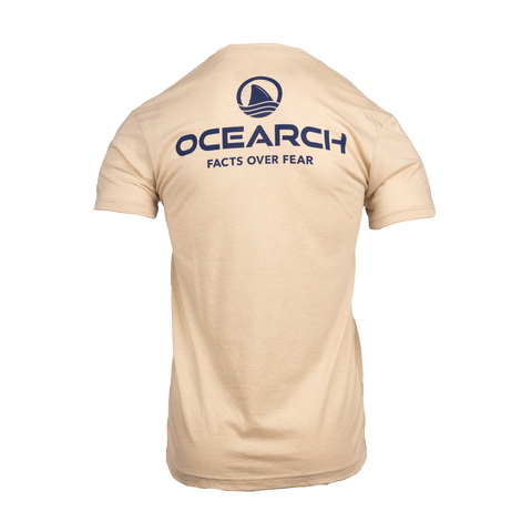 Rear view of cream tee with stacked Ocearch icon logo with text "OCEARCH FACTS OVER FEAR"