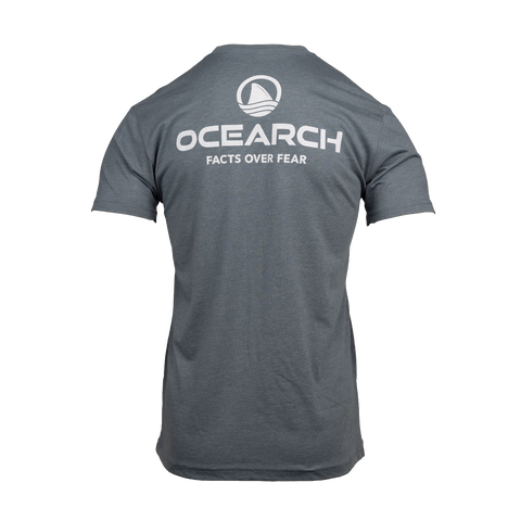 Rear view of indigo tee with stacked Ocearch icon logo with text "OCEARCH FACTS OVER FEAR"