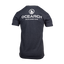Rear view of heather midnight navy tee with stacked Ocearch icon logo with text "OCEARCH FACTS OVER FEAR"