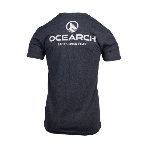 Rear view of heather midnight navy tee with stacked Ocearch icon logo with text "OCEARCH FACTS OVER FEAR"