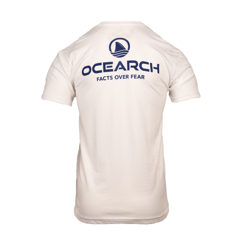 Rear view of white tee with stacked Ocearch icon logo with text "OCEARCH FACTS OVER FEAR"