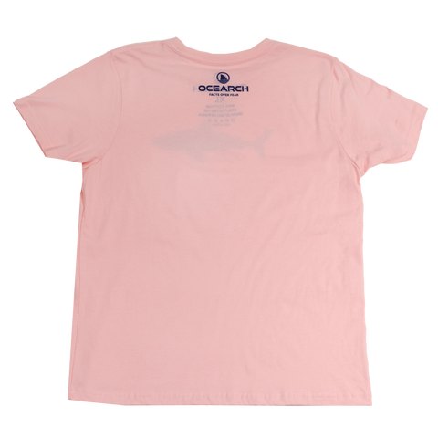 Rear view of Youth Heather Light Pink tee with icon Ocearch logo and "OCEARCH FACTS OVER FEAR" text on upper back