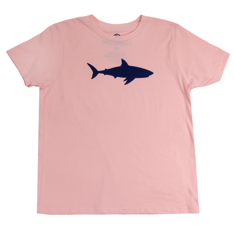 Youth Heather Light Pink tee with shark silhouette on front