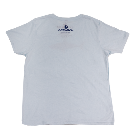 Rear view of Youth Ice Blue tee with icon Ocearch logo and "OCEARCH FACTS OVER FEAR" text on upper back