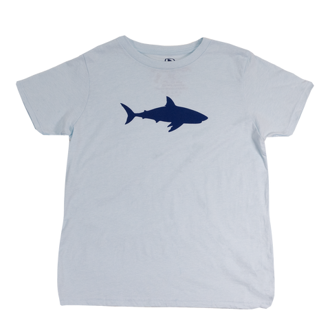 Youth Ice Blue tee with shark silhouette on front