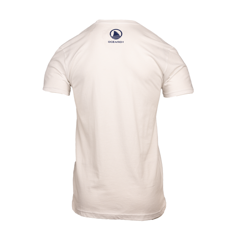 Rear view of white tee with ocearch icon logo and "OCEARCH" text on upper back