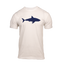 White tee with shark silhouette graphic on front
