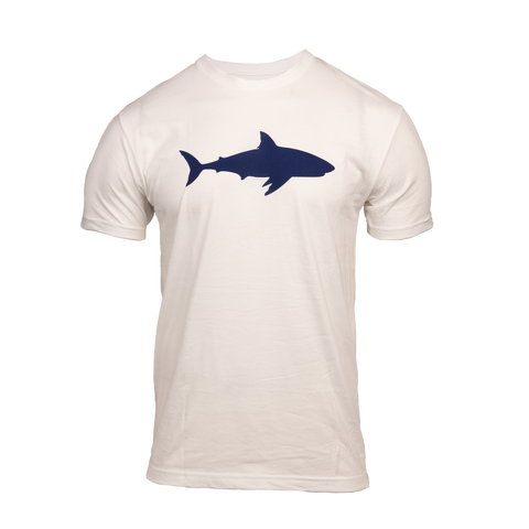 White tee with shark silhouette graphic on front