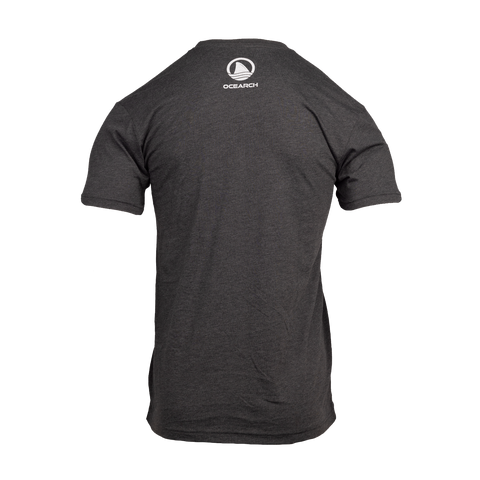 rear view of charcoal tee with ocearch icon logo and "OCEARCH" text on upper back