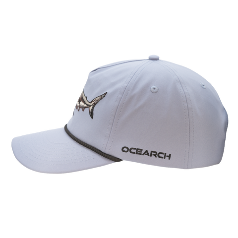 Side view of Dusty Blue Semi-Structured 5-Panel Hat w/ Paracord showing "OCEARCH" text on side