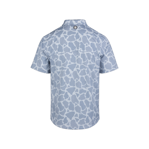 Rear view of light blue shirt with Ocearch Camo pattern