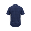 A short-sleeve polo shirt shown from the back, featuring a dark navy blue base with a fine, light micro-pattern throughout. A small circular white logo is visible on the upper back collar area.