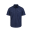 A short-sleeve button-up shirt in navy blue with a fine micro-pattern, featuring two buttoned chest pockets, shown on a plain white background.