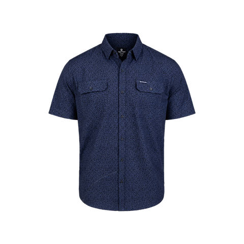 A short-sleeve button-up shirt in navy blue with a fine micro-pattern, featuring two buttoned chest pockets, shown on a plain white background.
