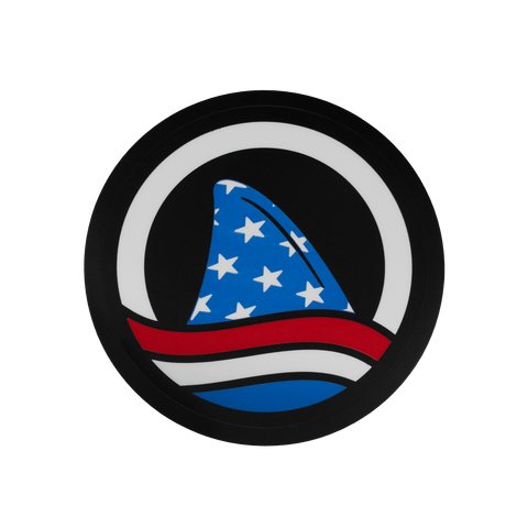 Ocearch logo sticker with american flag colors and stars on shark fin