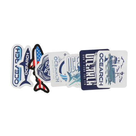 Collection of Ocearch branded stickers on a white background
