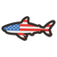 Shark-shaped object with American flag design on a white background