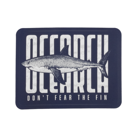 Navy blue sticker with a shark illustration and text "OCEARCH DON"T FEAR THE FIN"