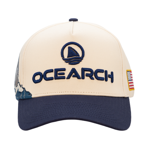 Natural/Navy Structured 5-Panel Hat with "OCEARCH" text and logo on front
