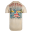 Rear view of Cream tee with shark fin swimming in bay graphic with text "OCEARCH RED, GREAT WHITE, AND BLUE"