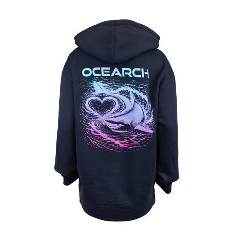 Rear view of navy hoodie with "OCEARCH" text and graphic of a shark swimming with heart in water