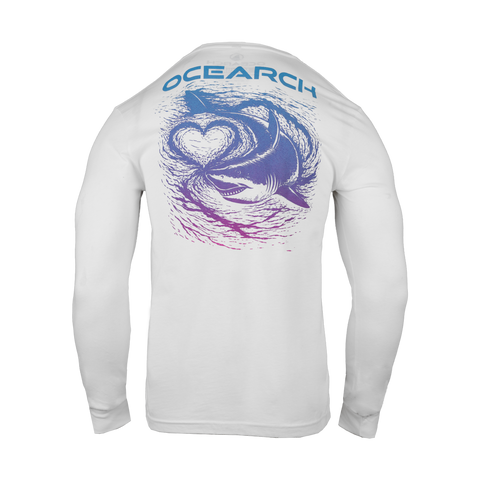 Rear view of white long sleeve tee with "OCEARCH" text and graphic of a shark swimming with heart in water